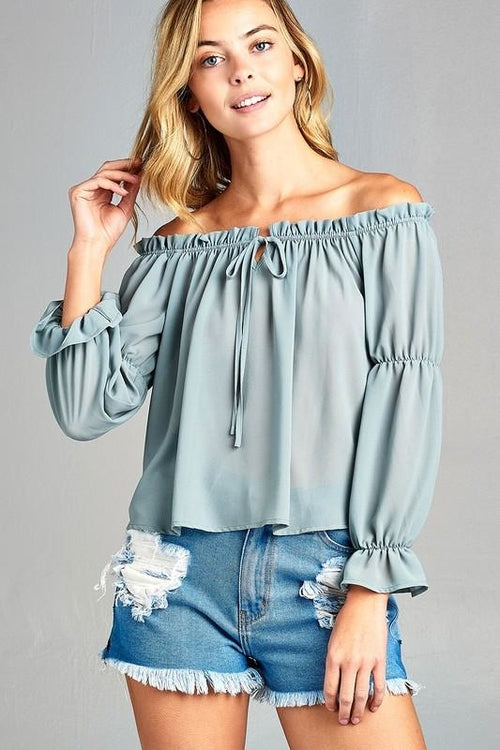 Puff Long Sleeve Ruffled Front Tie Off Shoulder Top | CozyCouture® - Stringspeed