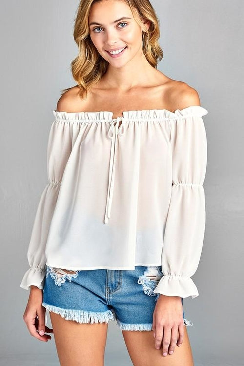 Puff Long Sleeve Ruffled Front Tie Off Shoulder Top | CozyCouture® - Stringspeed