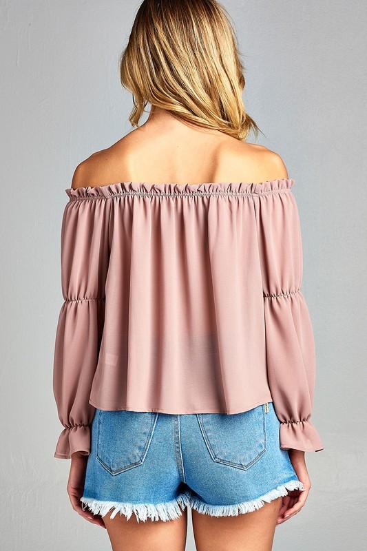 Puff Long Sleeve Ruffled Front Tie Off Shoulder Top | CozyCouture® - Stringspeed