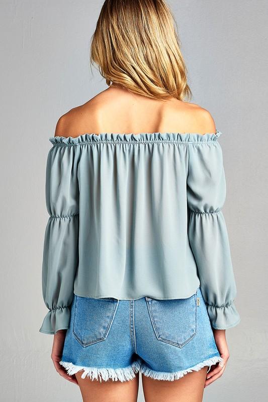 Puff Long Sleeve Ruffled Front Tie Off Shoulder Top | CozyCouture® - Stringspeed