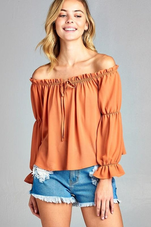 Puff Long Sleeve Ruffled Front Tie Off Shoulder Top | CozyCouture® - Stringspeed