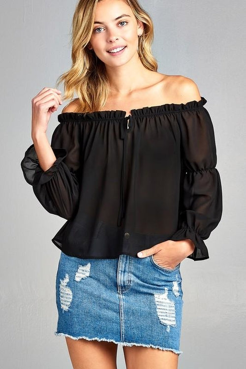 Puff Long Sleeve Ruffled Front Tie Off Shoulder Top | CozyCouture® - Stringspeed