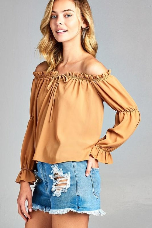 Puff Long Sleeve Ruffled Front Tie Off Shoulder Top | CozyCouture® - Stringspeed