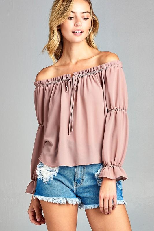 Puff Long Sleeve Ruffled Front Tie Off Shoulder Top | CozyCouture® - Stringspeed