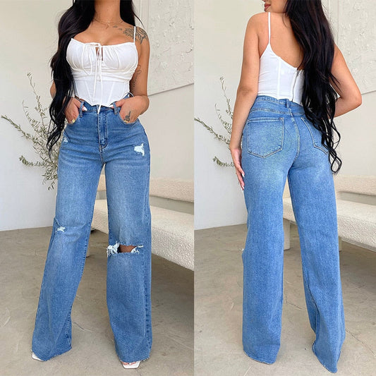 Blue Ripped Denim Pants Hight Waist Wide Leg Jeans | CozyCouture® - Stringspeed