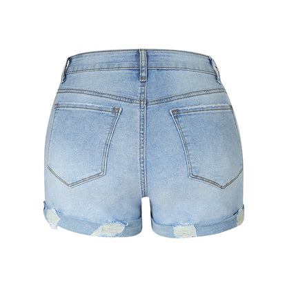 Ripped High Waisted Rolled Fit Blue Shorts | CozyCouture® - Stringspeed