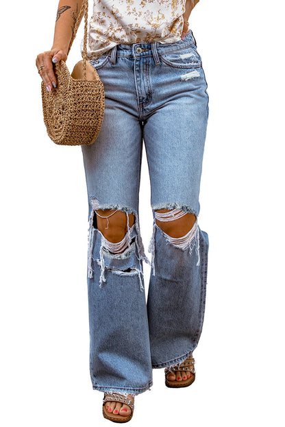 Sky Blue Destroyed Open Knee Wide Leg Jeans | CozyCouture® - Stringspeed