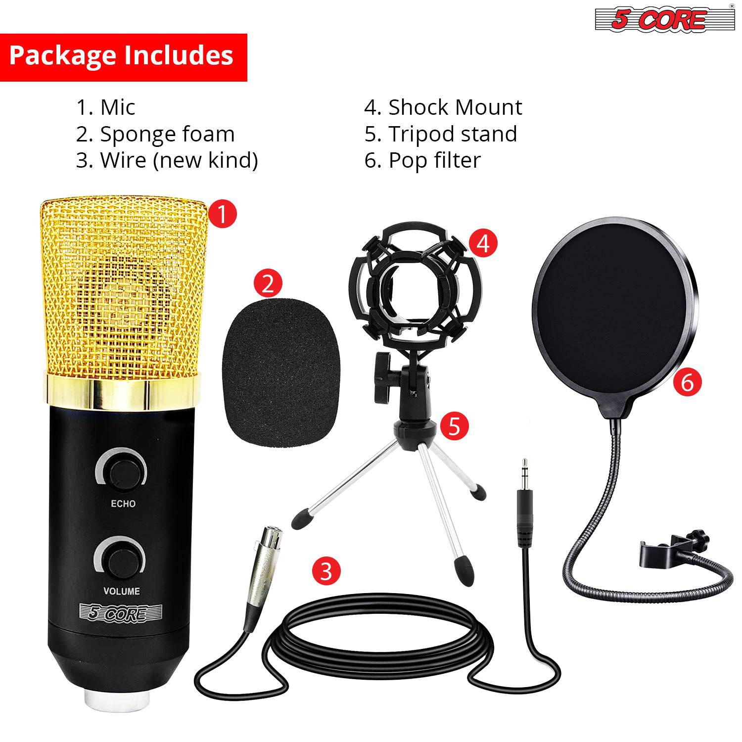 5 Core Recording Microphone Podcast Bundle • Professional Condenser | EastTone® - Stringspeed