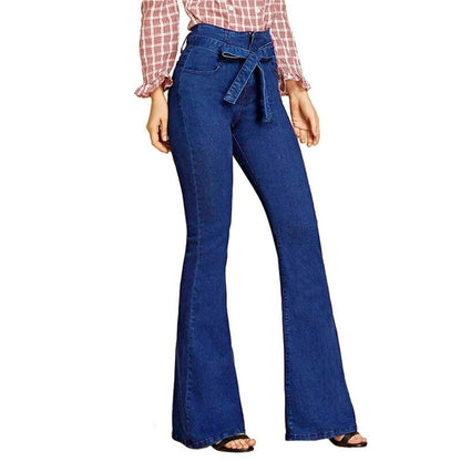 Blue Tie Waist Flare Jeans Women Slim Denim Trousers | CozyCouture® - Stringspeed