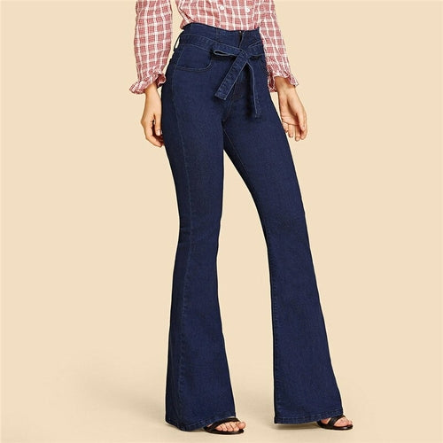 Blue Tie Waist Flare Jeans Women Slim Denim Trousers | CozyCouture® - Stringspeed