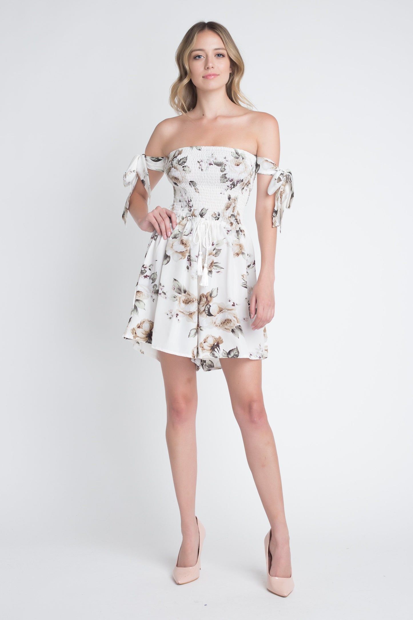 Off Shoulder Smocked Floral Tie Romper | CozyCouture® - Stringspeed