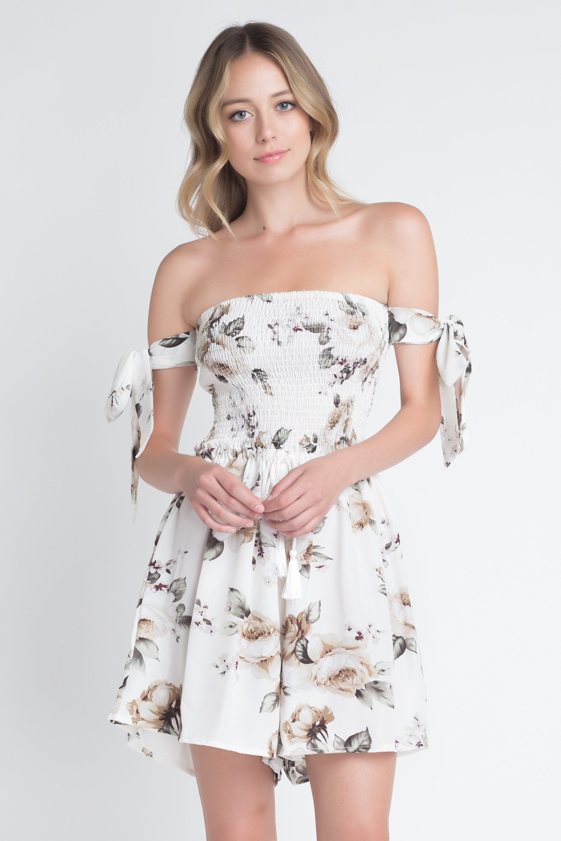 Off Shoulder Smocked Floral Tie Romper | CozyCouture® - Stringspeed