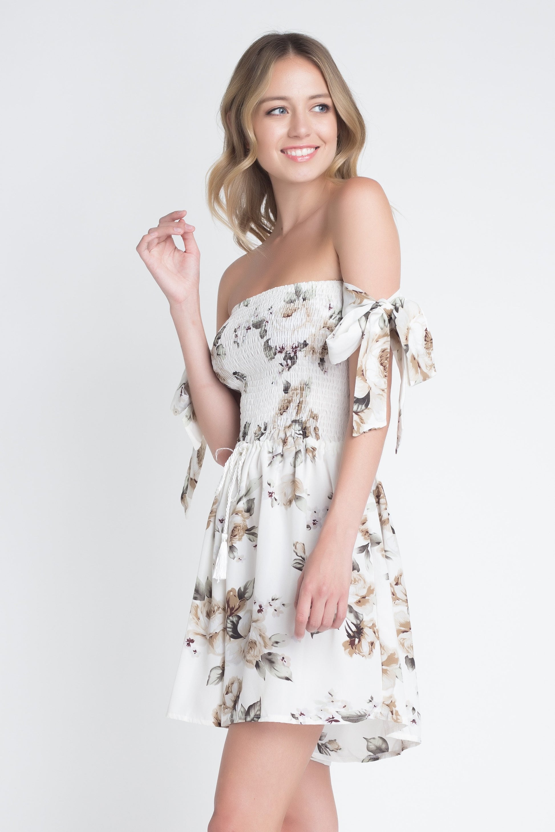 Off Shoulder Smocked Floral Tie Romper | CozyCouture® - Stringspeed