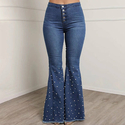 Single-breasted Solid Beading Flared Jeans | CozyCouture® - Stringspeed