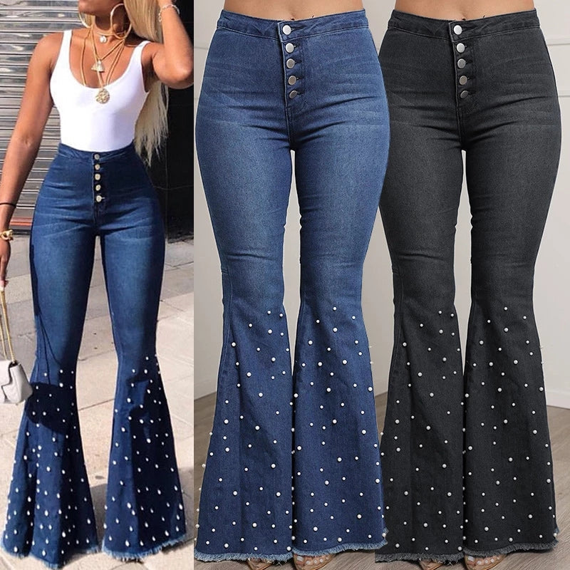 Single-breasted Solid Beading Flared Jeans | CozyCouture® - Stringspeed