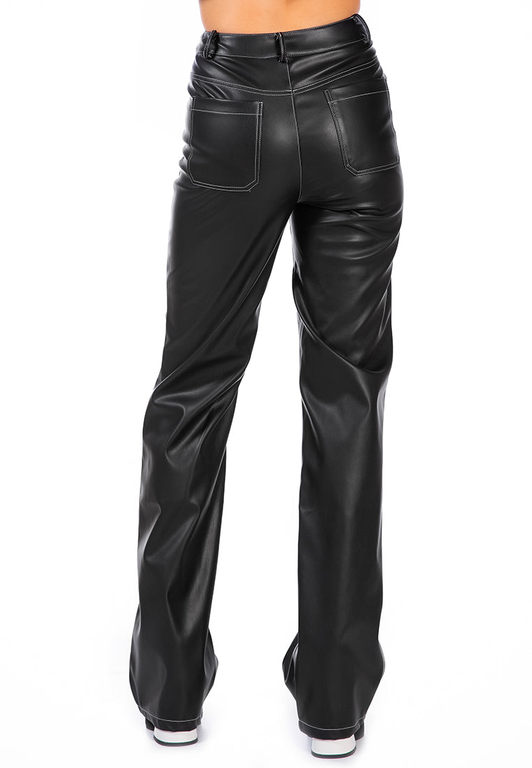 Faux Leather Contrast Stitch Panelled Pants | CozyCouture® - Stringspeed