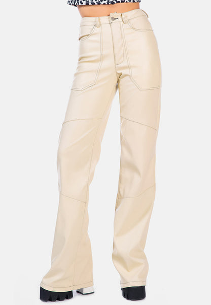 Faux Leather Contrast Stitch Panelled Pants | CozyCouture® - Stringspeed