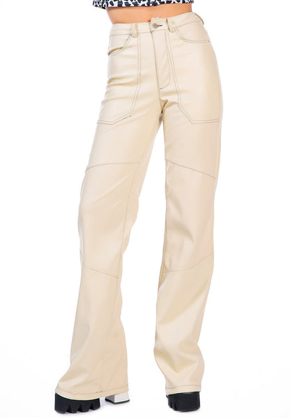 Faux Leather Contrast Stitch Panelled Pants | CozyCouture® - Stringspeed