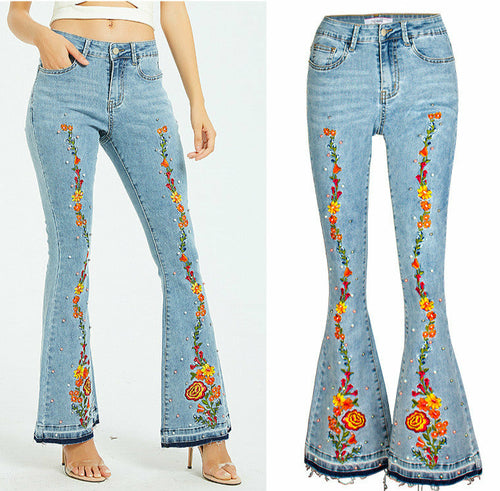 Embroidery Flare Jeans Elasticity Released Hem Jeans | CozyCouture® - Stringspeed