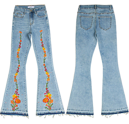 Embroidery Flare Jeans Elasticity Released Hem Jeans | CozyCouture® - Stringspeed