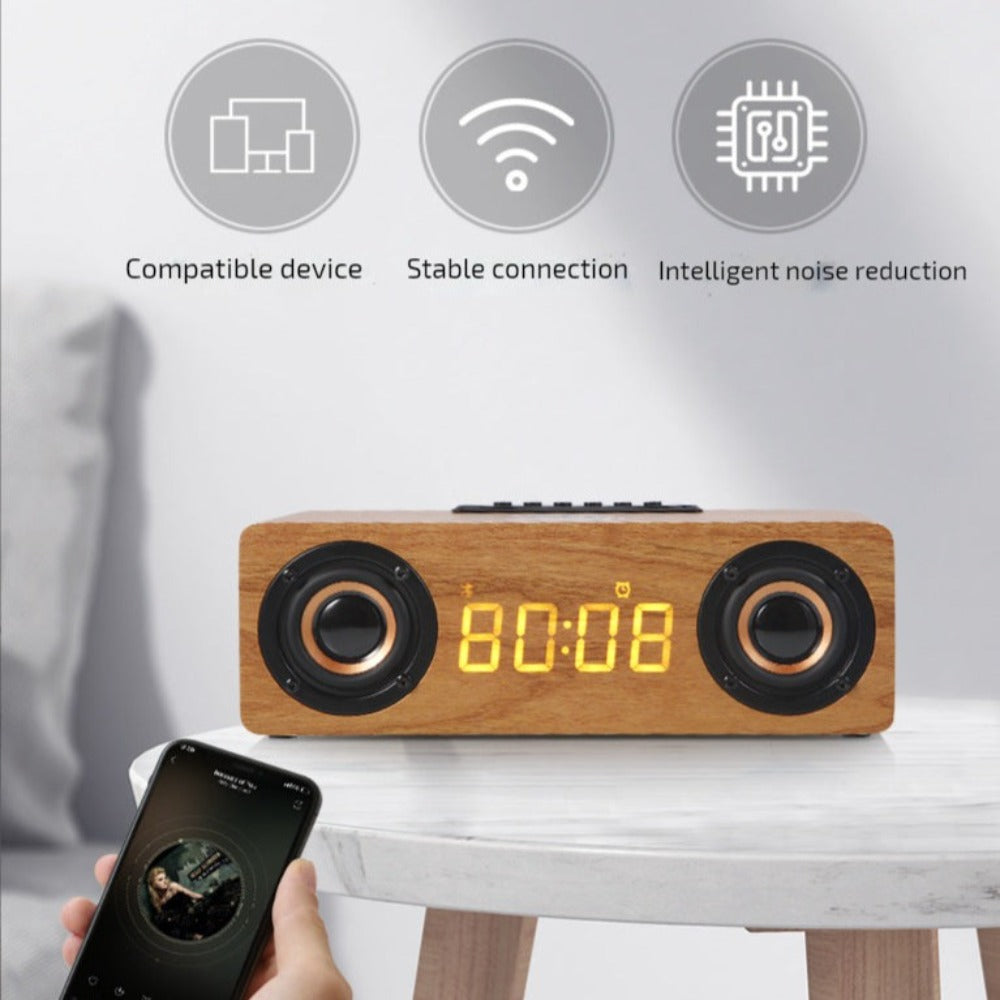 Wooden Retro Theme Wireless Charger Bluetooth Speaker Alarm Clock | TechTonic® - Stringspeed