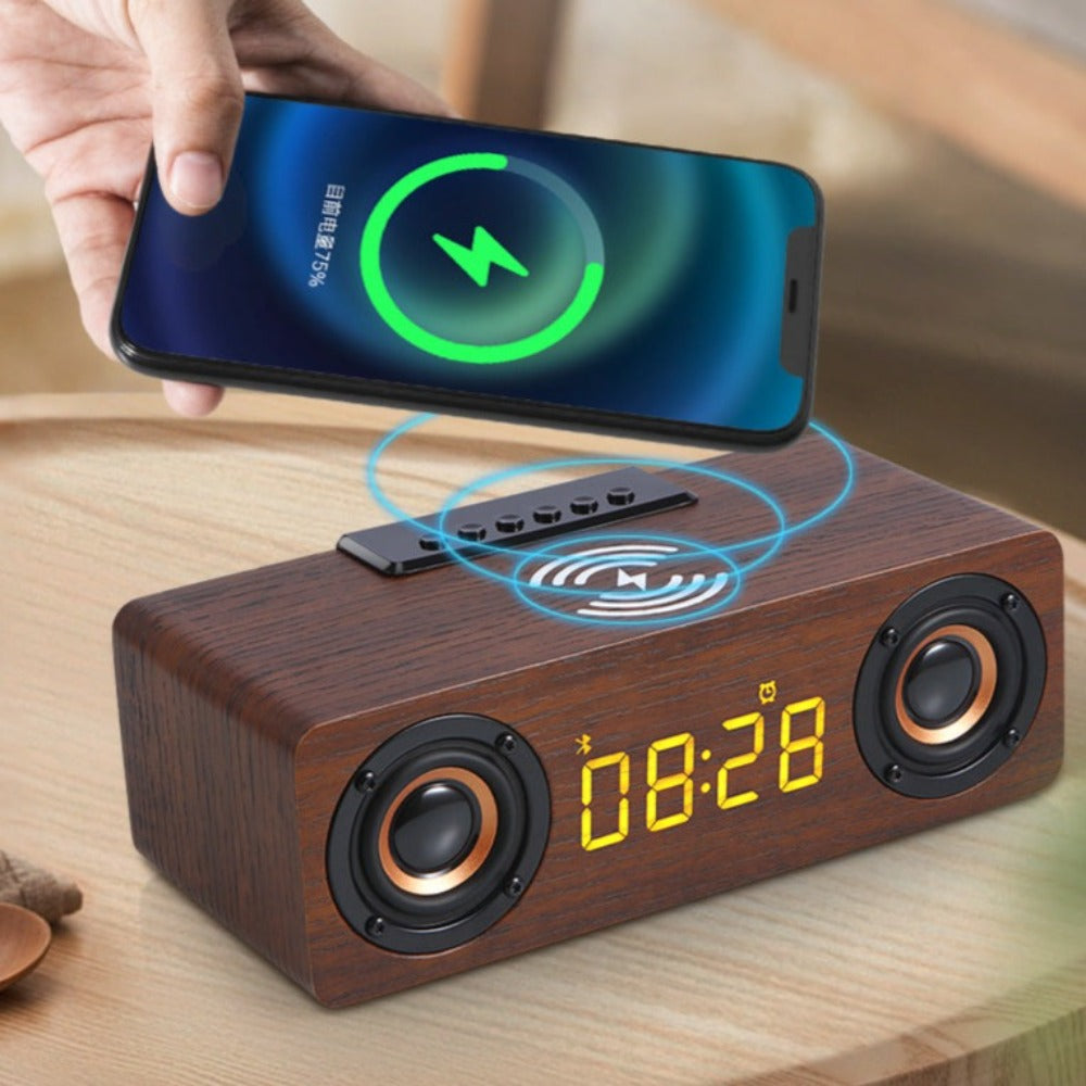 Wooden Retro Theme Wireless Charger Bluetooth Speaker Alarm Clock | TechTonic® - Stringspeed