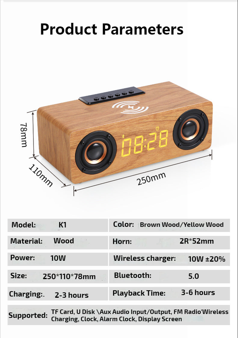 Wooden Retro Theme Wireless Charger Bluetooth Speaker Alarm Clock | TechTonic® - Stringspeed