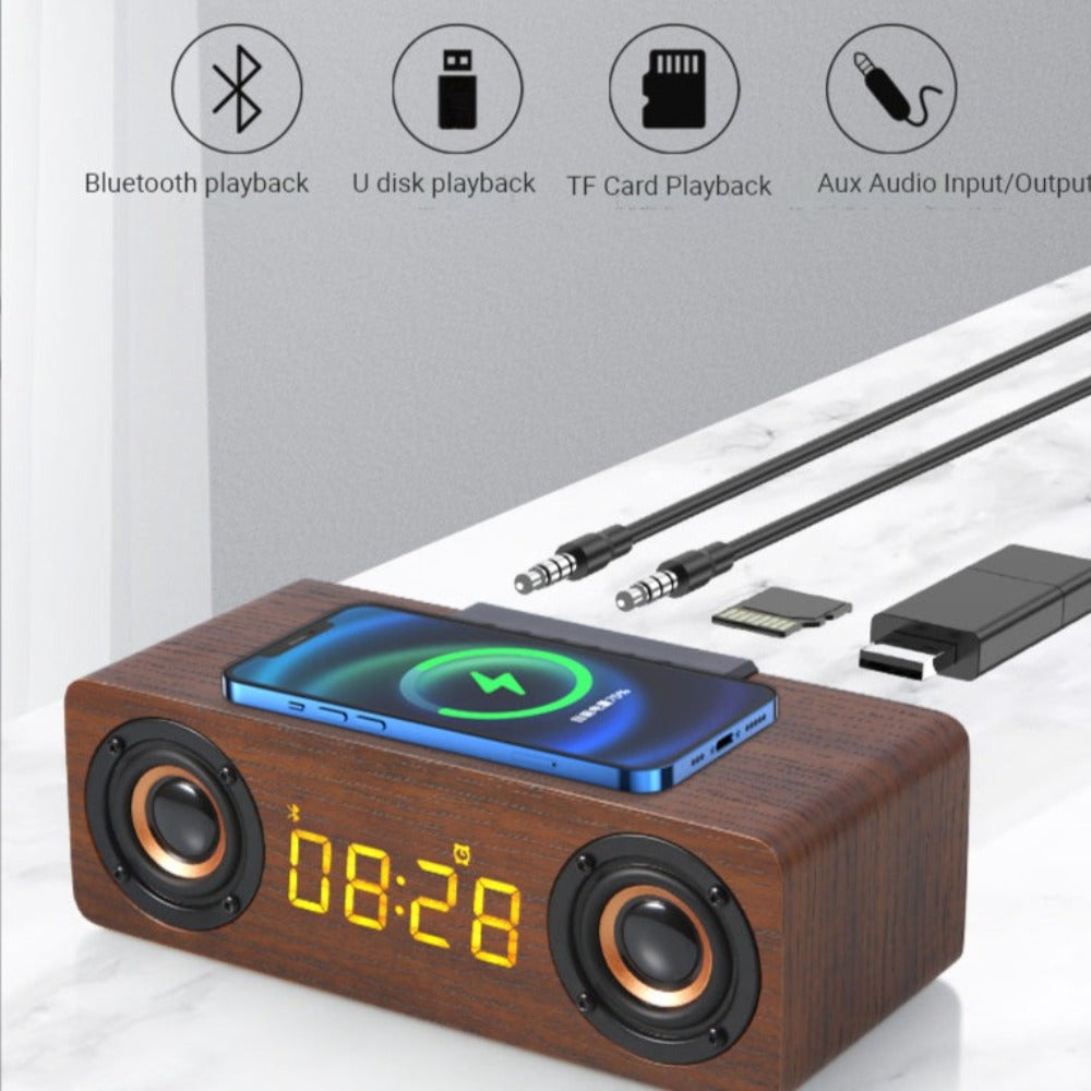 Wooden Retro Theme Wireless Charger Bluetooth Speaker Alarm Clock | TechTonic® - Stringspeed