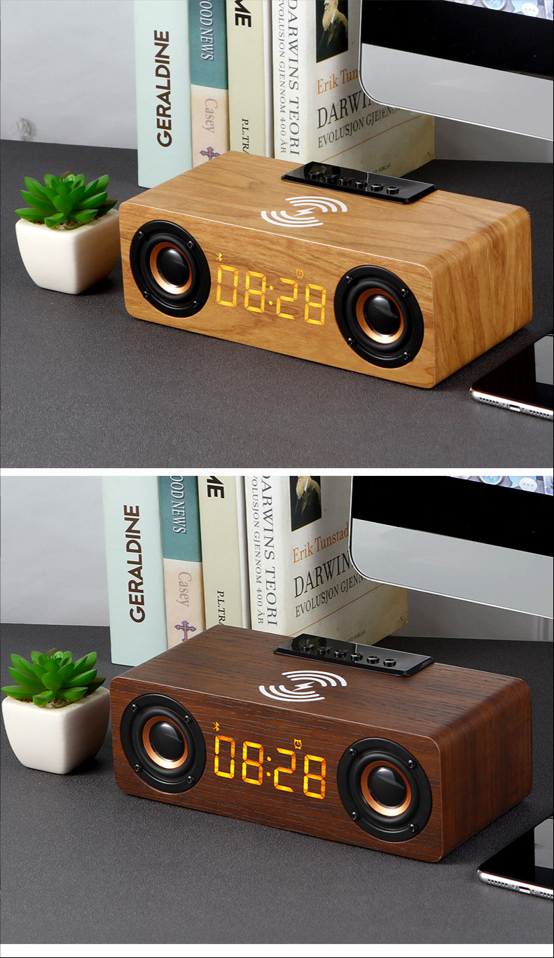 Wooden Retro Theme Wireless Charger Bluetooth Speaker Alarm Clock | TechTonic® - Stringspeed