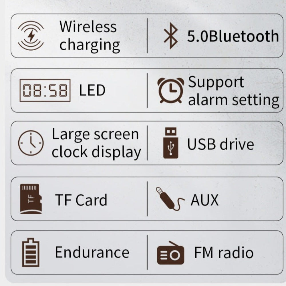 Wooden Retro Theme Wireless Charger Bluetooth Speaker Alarm Clock | TechTonic® - Stringspeed