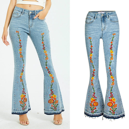 Embroidery Flare Jeans Elasticity Released Hem Jeans | CozyCouture® - Stringspeed