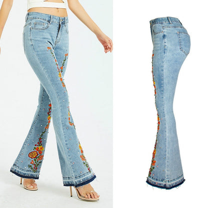 Embroidery Flare Jeans Elasticity Released Hem Jeans | CozyCouture® - Stringspeed