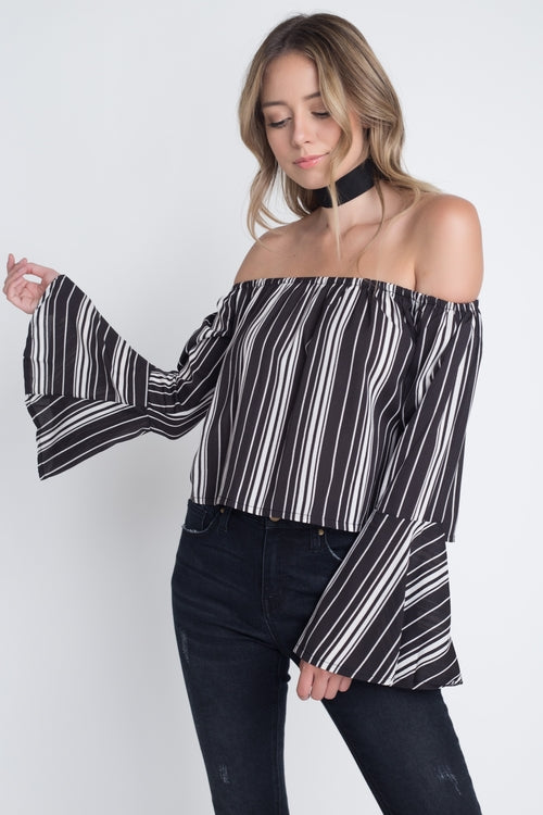 Women's Off Shoulder Casual Stripe Bell Sleeve Top | CozyCouture® - Stringspeed