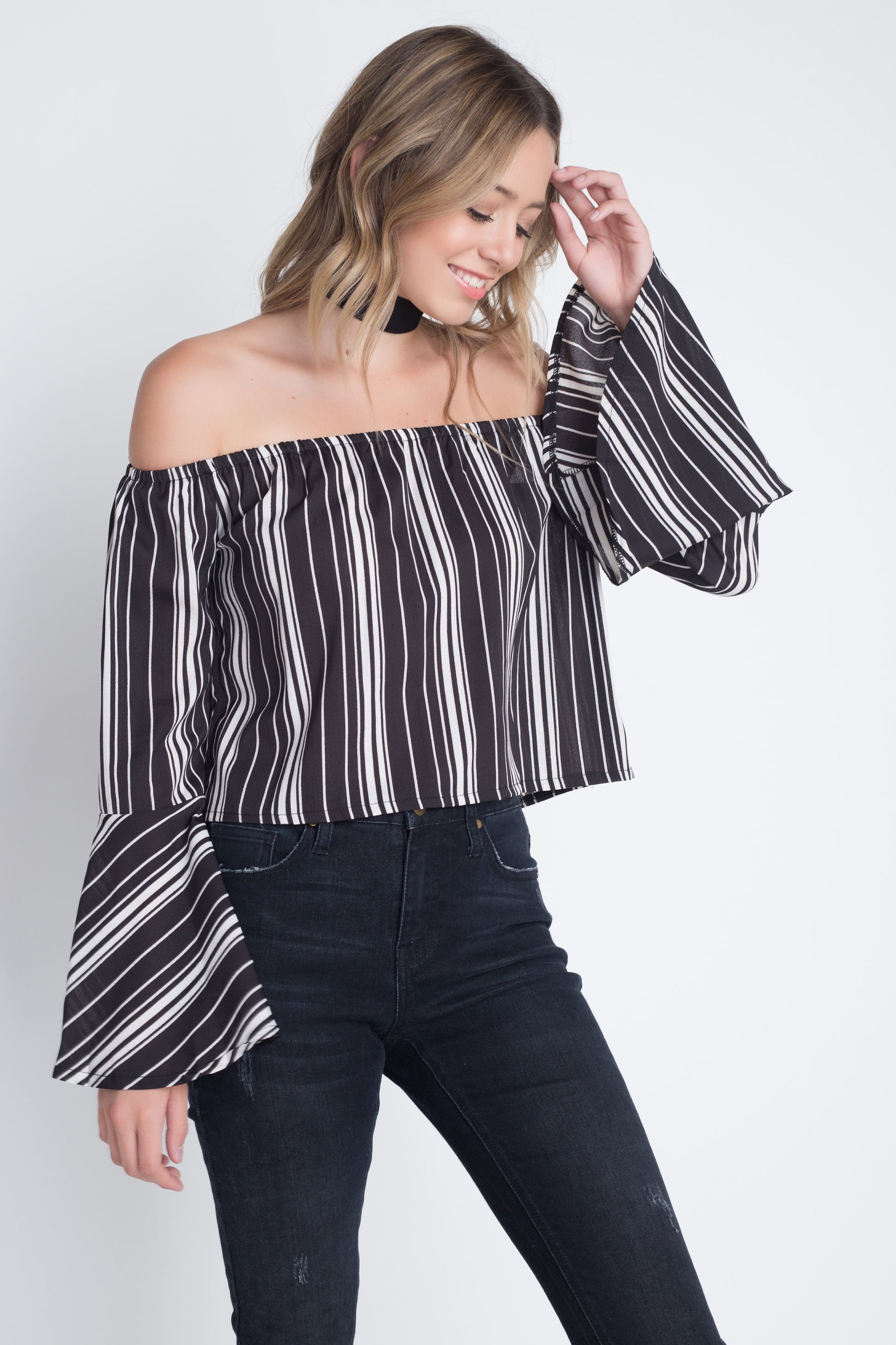 Women's Off Shoulder Casual Stripe Bell Sleeve Top | CozyCouture® - Stringspeed