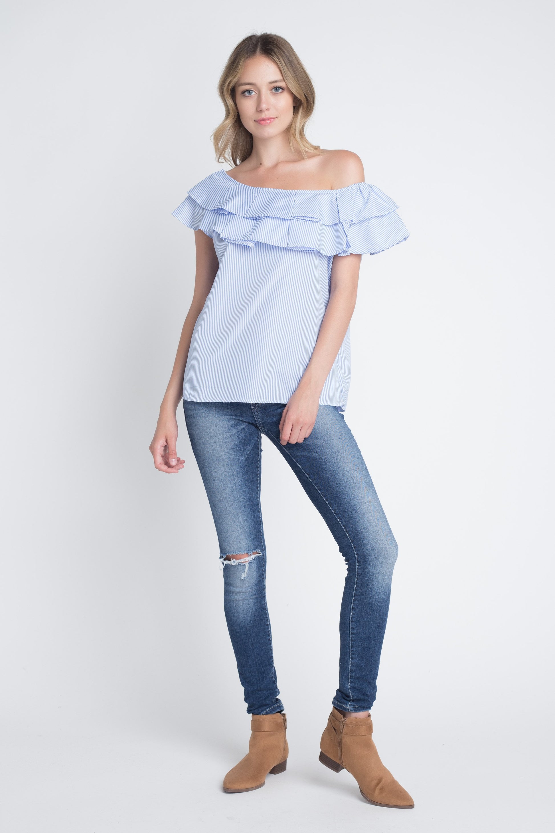 Striped Off Shoulder Ruffle Blouse | CozyCouture® - Stringspeed