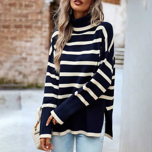 Striped High Neck Knitted Sweater | CozyCouture® - Stringspeed