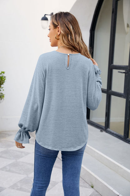 Solid Color Loose-Fit Long Sleeve T-Shirt with Round Neck | CozyCouture® - Stringspeed