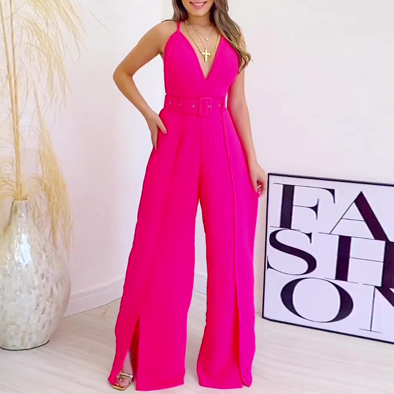 V-neck Jumpsuit with Split Wide Leg Pants & Belt | CozyCouture® - Stringspeed