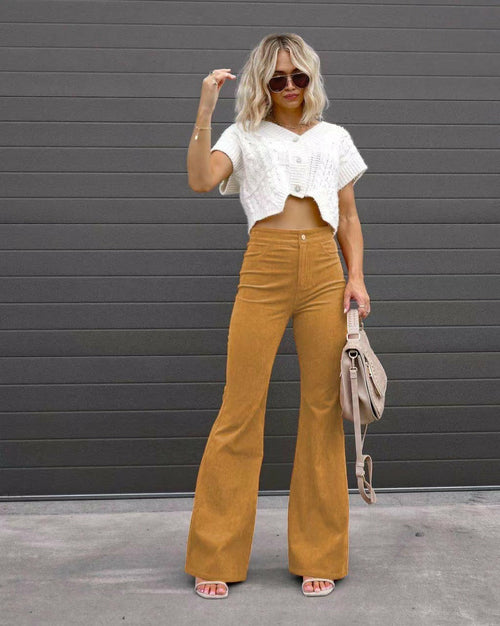 Solid Color High-Waist Slim Fit Corduroy Flared Pants | CozyCouture® - Stringspeed