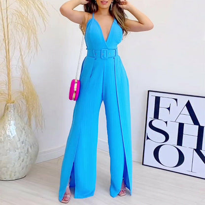 V-neck Jumpsuit with Split Wide Leg Pants & Belt | CozyCouture® - Stringspeed