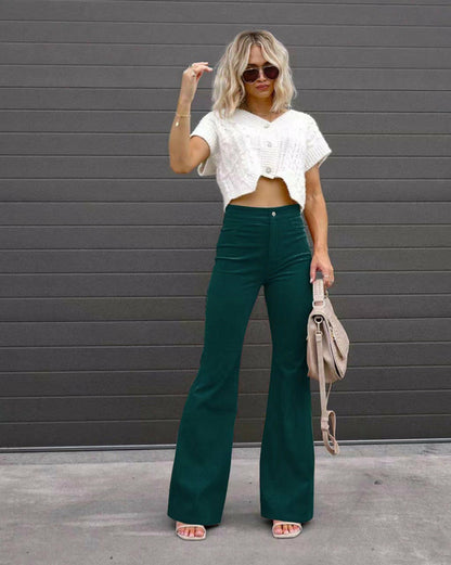 Solid Color High-Waist Slim Fit Corduroy Flared Pants | CozyCouture® - Stringspeed