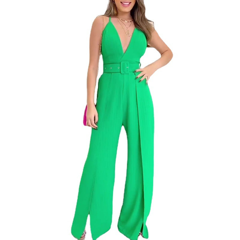 V-neck Jumpsuit with Split Wide Leg Pants & Belt | CozyCouture® - Stringspeed