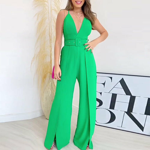 V-neck Jumpsuit with Split Wide Leg Pants & Belt | CozyCouture® - Stringspeed