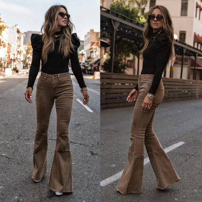 Solid Color High-Waist Slim Fit Corduroy Flared Pants | CozyCouture® - Stringspeed