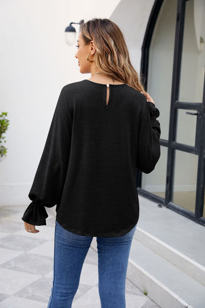 Solid Color Loose-Fit Long Sleeve T-Shirt with Round Neck | CozyCouture® - Stringspeed
