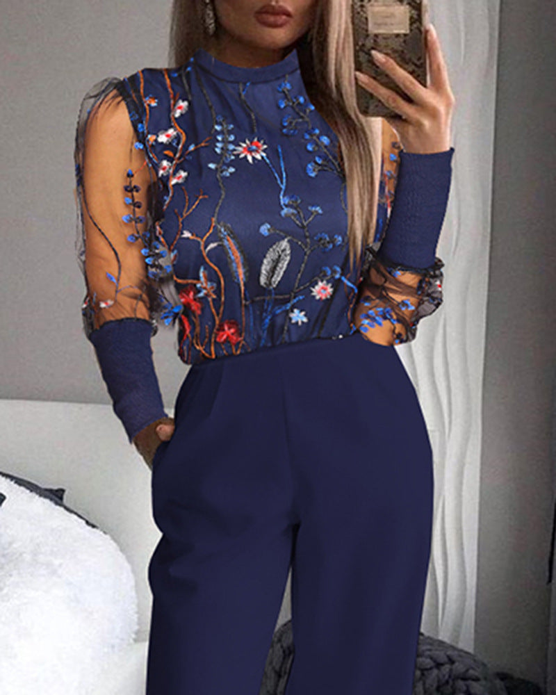  Sheer Mesh Floral Long Sleeve Patchwork Jumpsuit | CozyCouture® - Stringspeed
