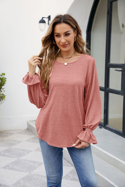 Solid Color Loose-Fit Long Sleeve T-Shirt with Round Neck | CozyCouture® - Stringspeed