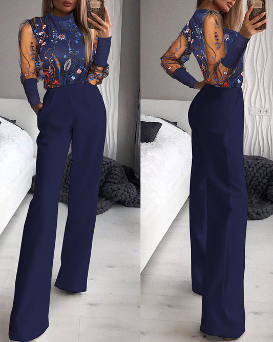  Sheer Mesh Floral Long Sleeve Patchwork Jumpsuit | CozyCouture® - Stringspeed