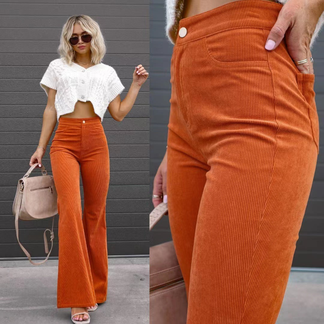 Solid Color High-Waist Slim Fit Corduroy Flared Pants | CozyCouture® - Stringspeed