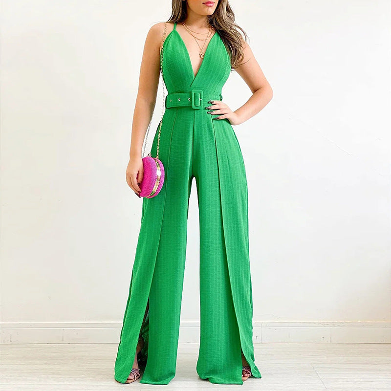 V-neck Jumpsuit with Split Wide Leg Pants & Belt | CozyCouture® - Stringspeed